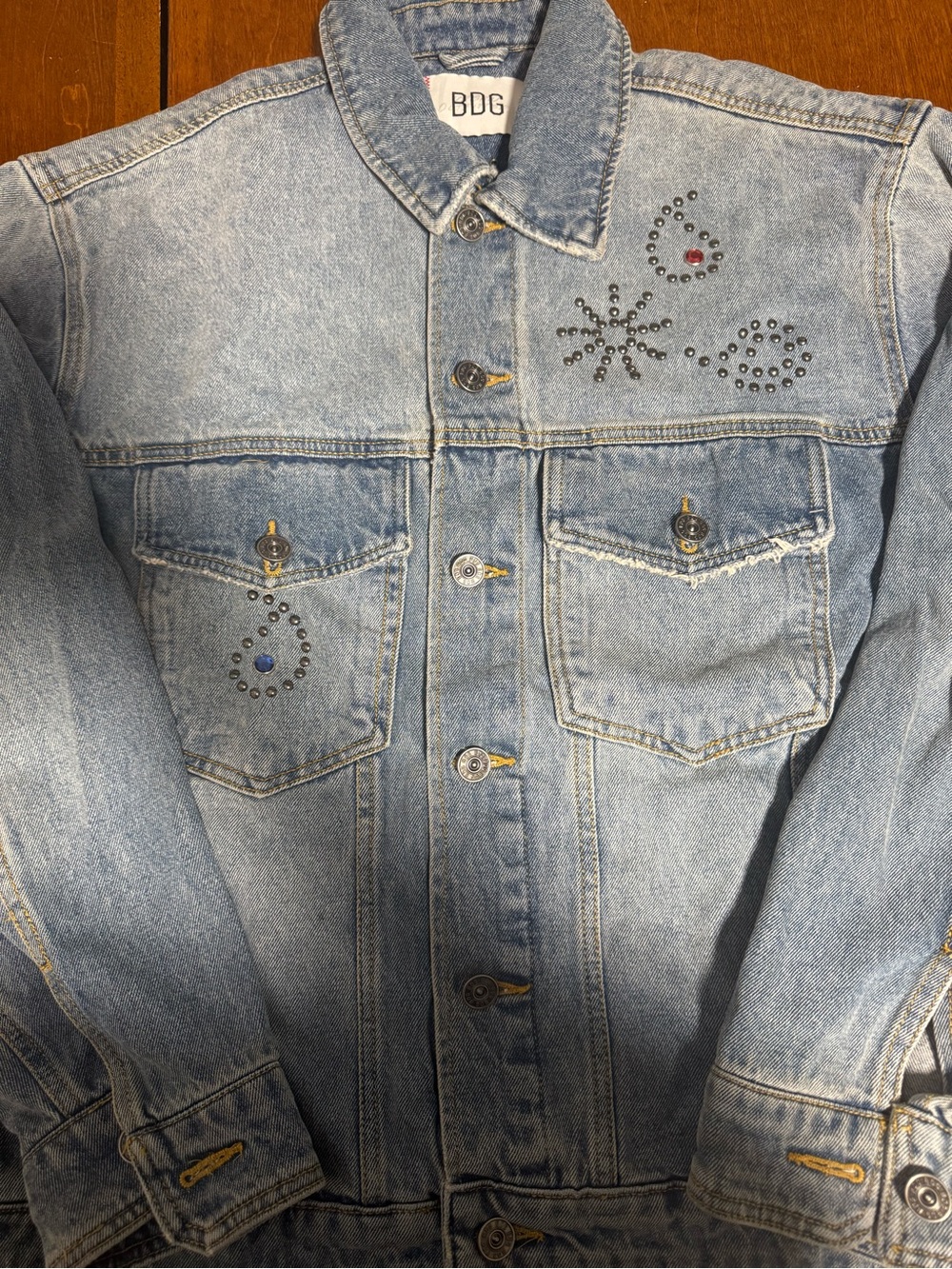 BDG Light Wash Denim Jacket with Stud and Rhinestone Accents